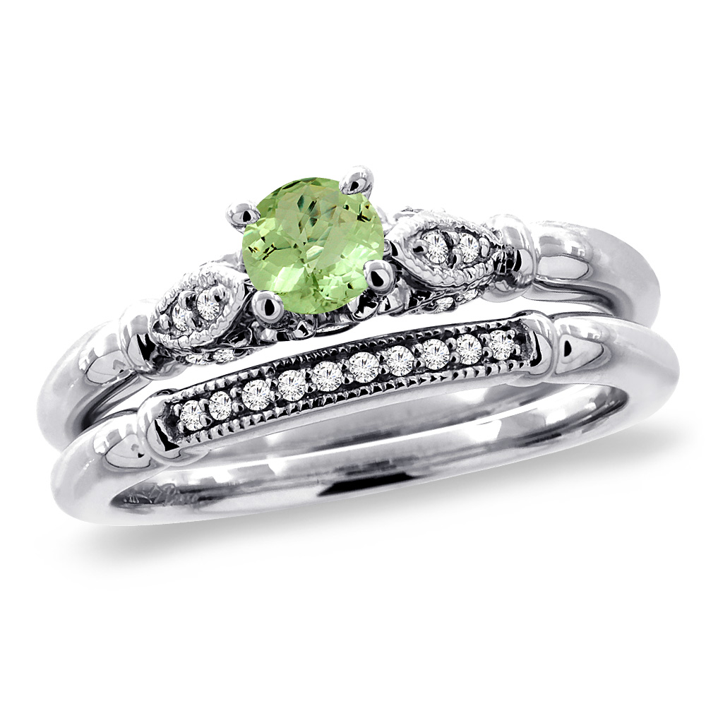 14K White Gold Diamond Natural Peridot 2pc Engagement Ring Set Round 4 mm, sizes 5 - 10