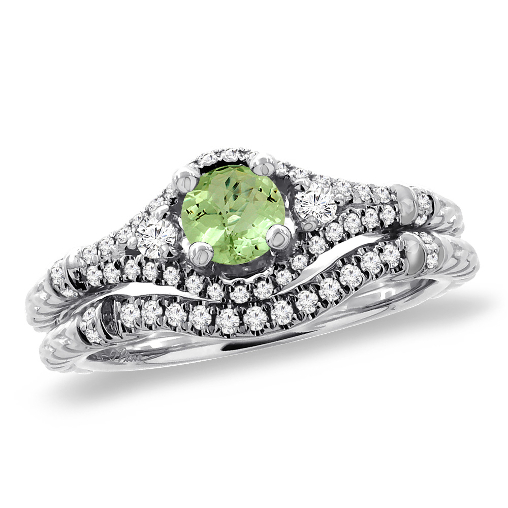 14K White Gold Diamond Natural Peridot 2pc Engagement Ring Set Round 4 mm, sizes 5 - 10