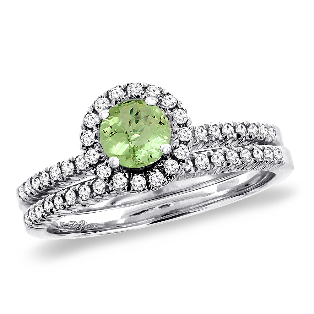 14K White Gold Diamond Natural Peridot 2pc Halo Engagement Ring Set Round 4 mm, size5-10