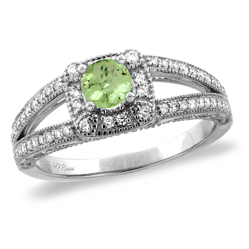 14K White/Yellow Gold Diamond Natural Peridot Halo Engagement Ring Split Shank Round 4 mm, sizes 5 -10