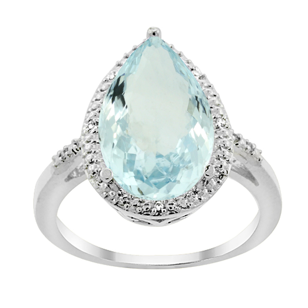 14k Yellow Gold Diamond Halo Genuine Aquamarine Ring Pear Shape 15x10 mm, size 5 - 10