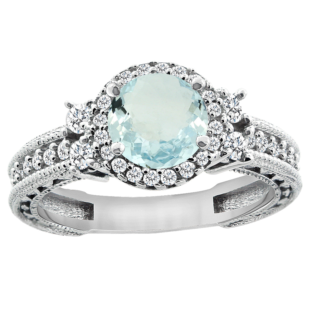 14K White Gold Natural Aquamarine Halo Engagement Ring Round 6mm Diamond Accents, sizes 5 - 10