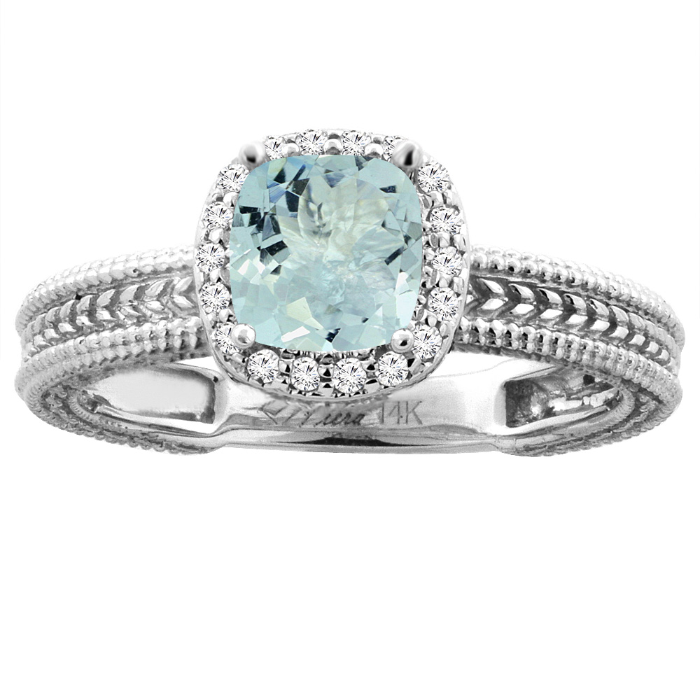 14K White Gold Diamond Natural Aquamarine Engagement Ring Cushion 7x7 mm, sizes 5-10