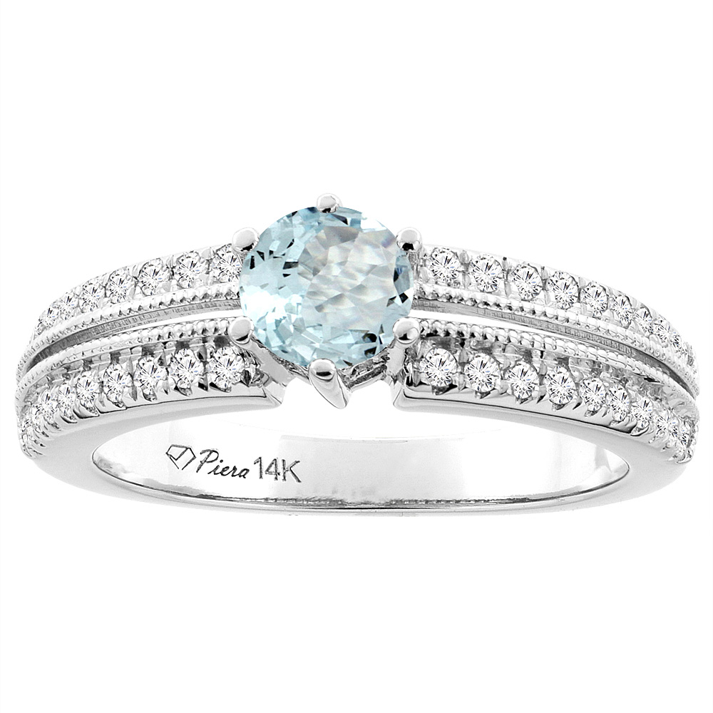 14K White Gold Natural Aquamarine & Diamond Ring Round 6 mm, sizes 5-10