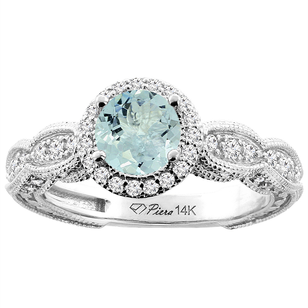 14K White Gold Natural Aquamarine & Diamond Halo Ring Round 6 mm, sizes 5-10