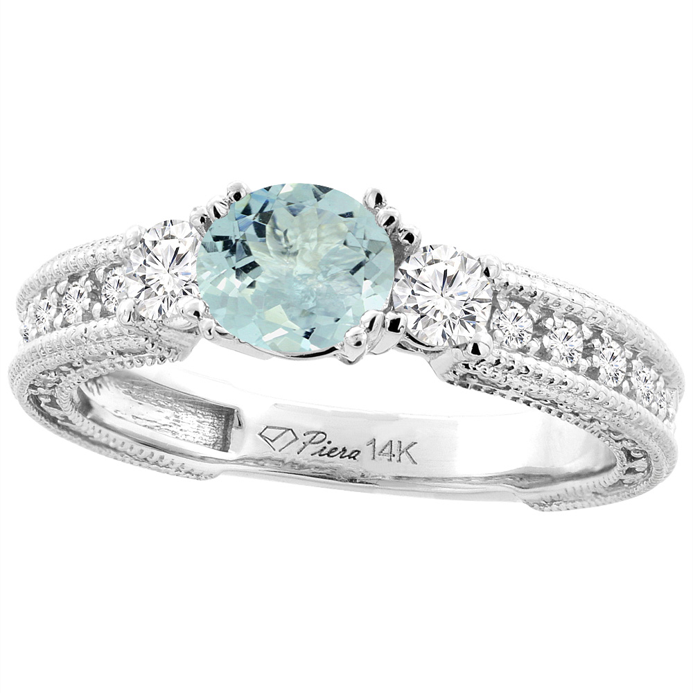 14K White Gold Natural Aquamarine & Diamond Ring Round 6 mm, sizes 5-10