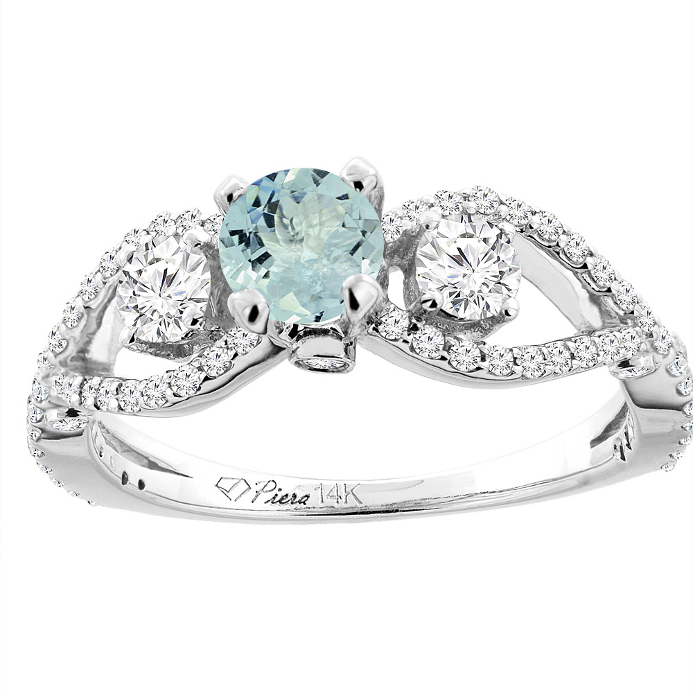 14K White Gold Natural Aquamarine & Diamond Ring Round 6 mm, sizes 5-10