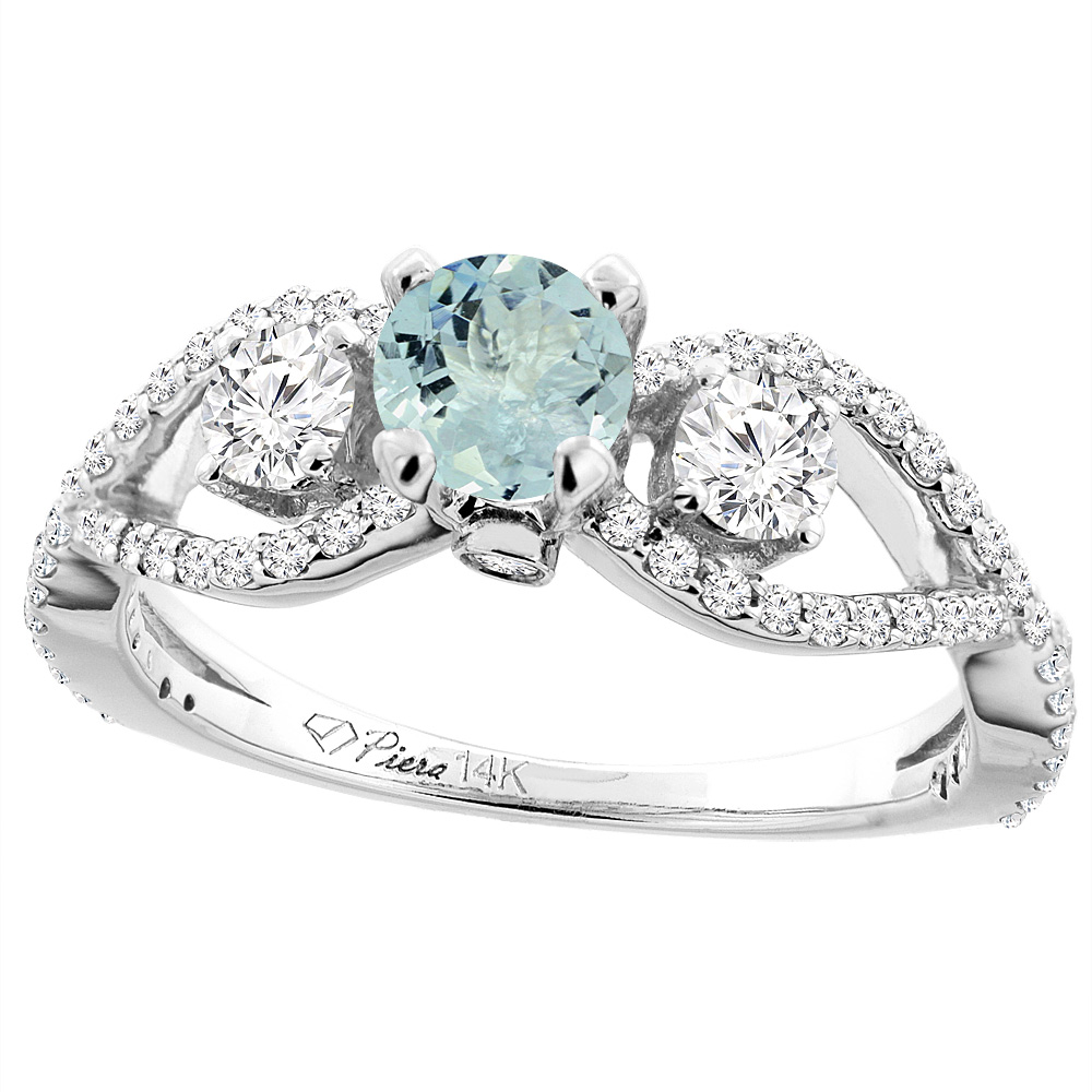 14K White Gold Natural Aquamarine & Diamond Ring Round 6 mm, sizes 5-10