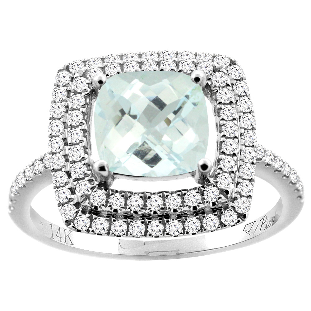 14K Gold Natural Aquamarine Ring Cushion Cut 7x7 mm Double Halo Diamond Accents, sizes 5 - 10