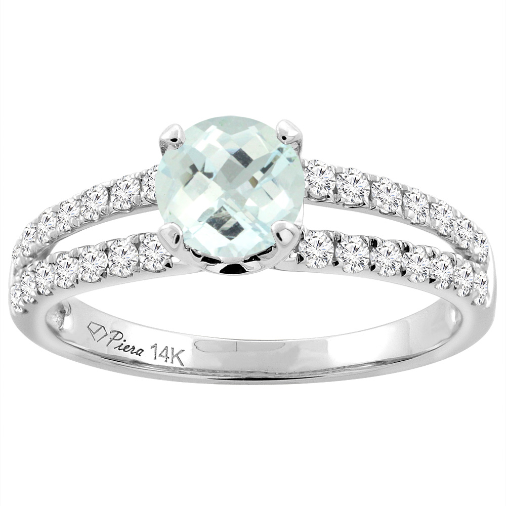 14K White Gold Natural Aquamarine Engagement Ring Round 6 mm Split Shank Diamond Accents, sizes 5 - 10