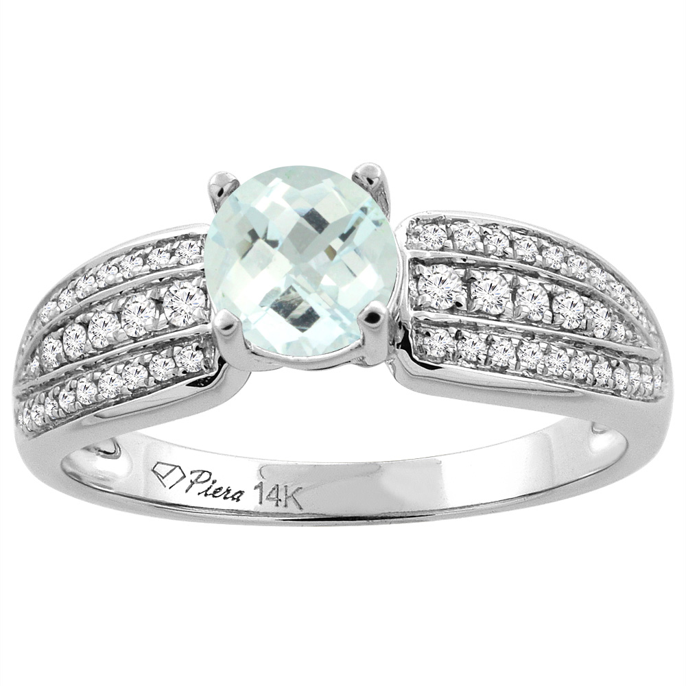 14K White Gold Natural Aquamarine Engagement Ring Round 6 mm 3-row Diamond Accents, sizes 5 - 10