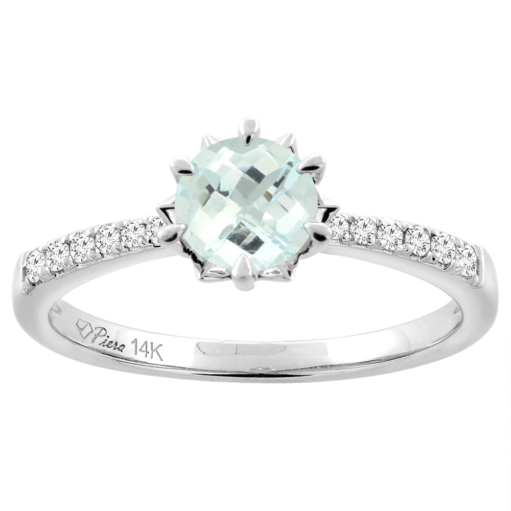 14K White Gold Natural Aquamarine Engagement Ring Round 6 mm &amp; Diamond Accents, sizes 5 - 10