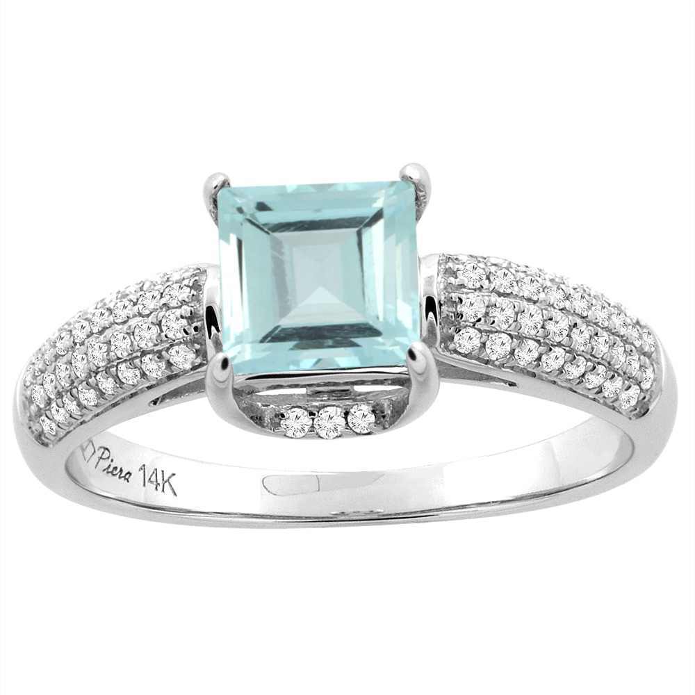 14K White Gold Natural Aquamarine Engagement Ring Square 6 mm & Diamond Accents, sizes 5 - 10