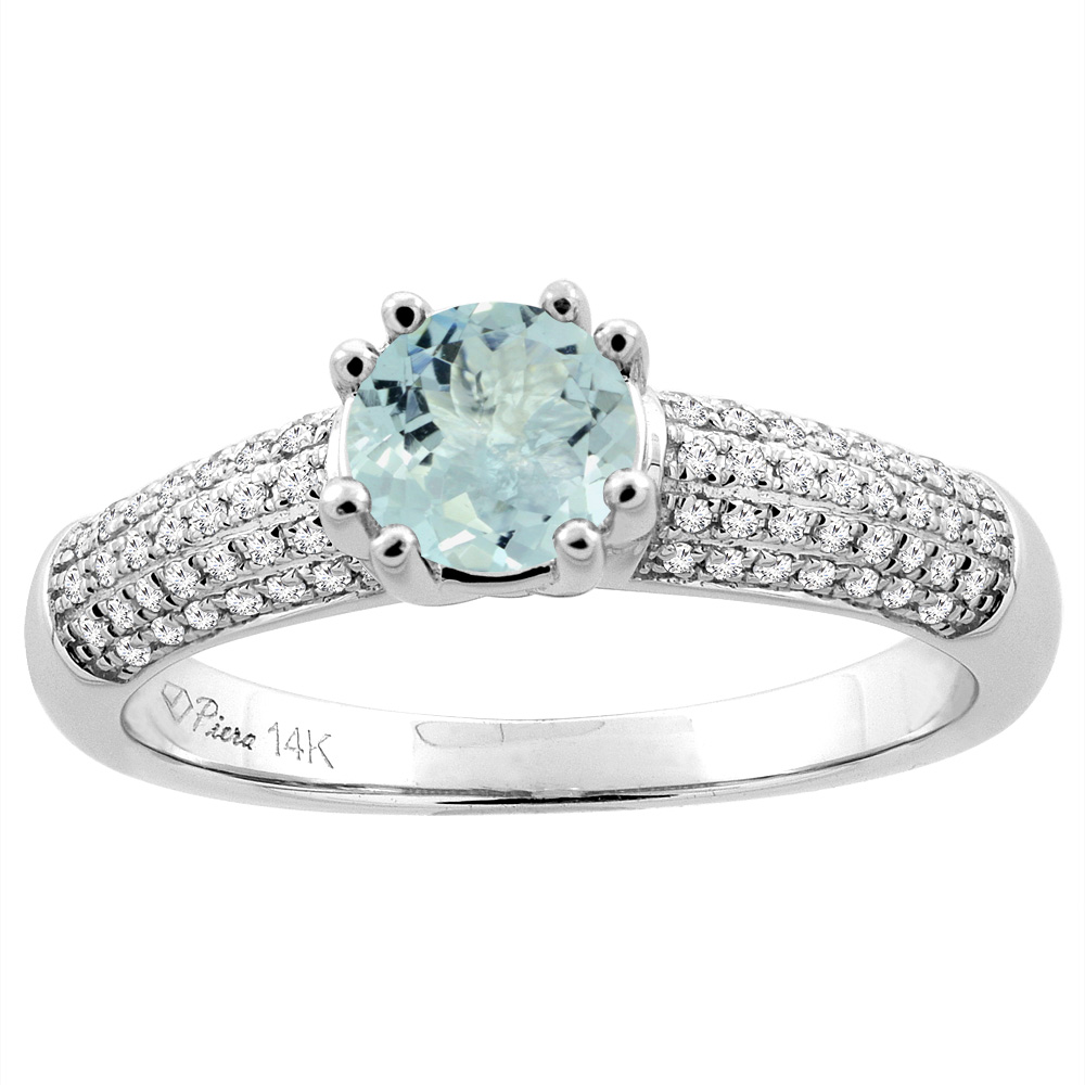 14K White Gold Natural Aquamarine Engagement Ring Round 6 mm & Diamond Accents, sizes 5 - 10