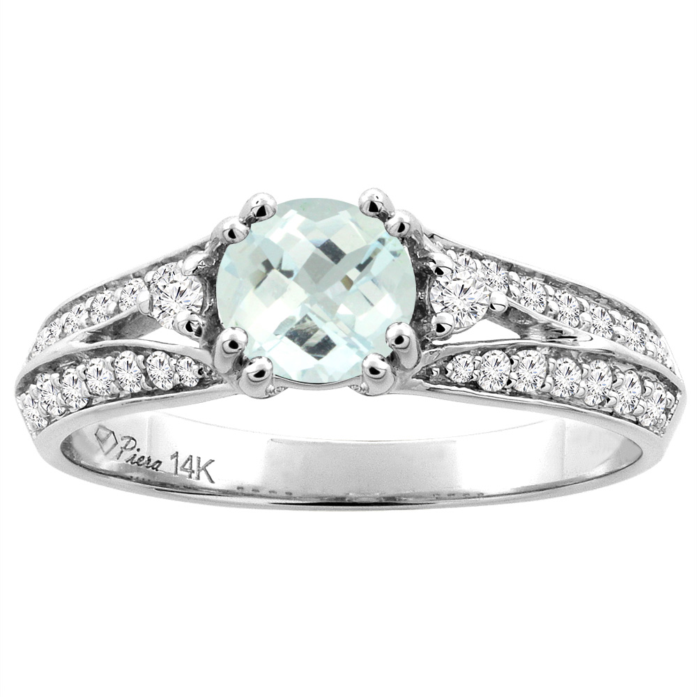 14K White Gold Natural Aquamarine Engagement Ring Round 6 mm & Diamond Accents, sizes 5 - 10