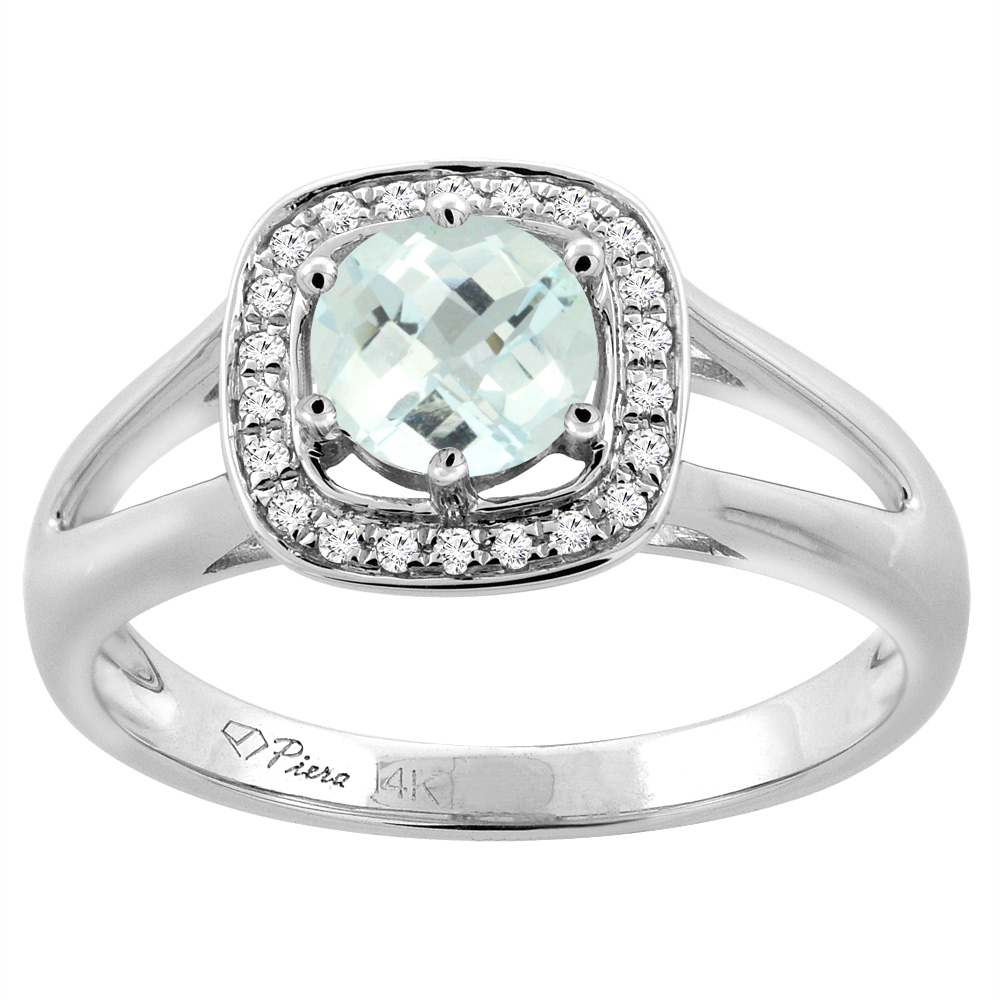 14K White Gold Natural Aquamarine Engagement Halo Ring Round 6 mm & Diamond Accents, sizes 5 - 10