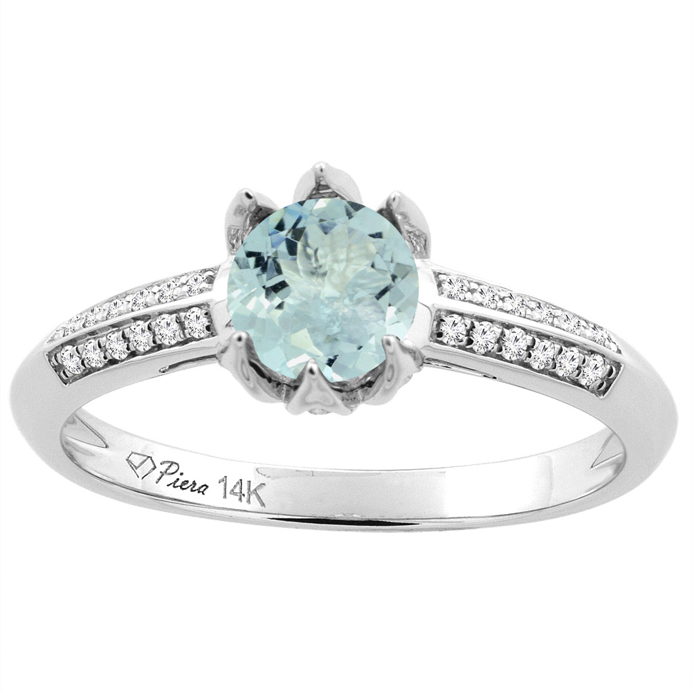 14K White Gold Natural Aquamarine Engagement Ring Round 6 mm &amp; Diamond Accents, sizes 5 - 10