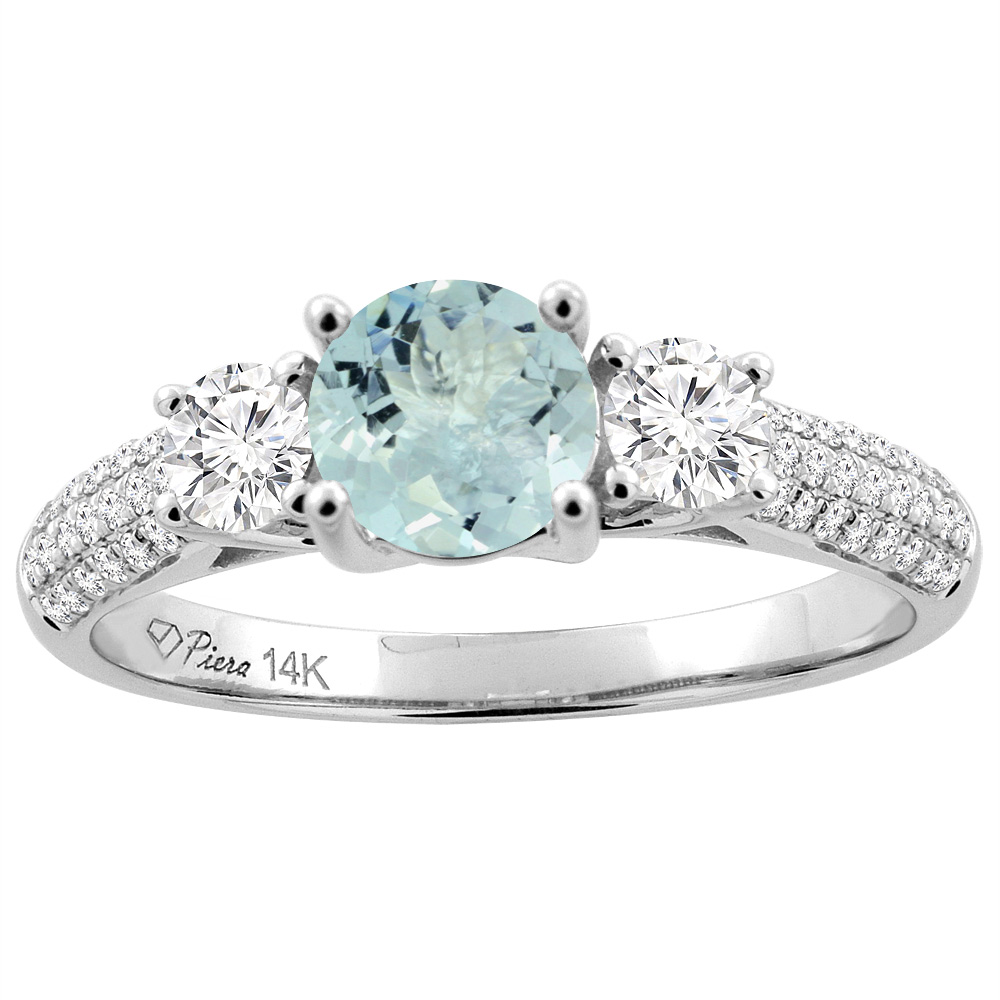 14K White Gold Natural Aquamarine Engagement Ring Round 6 mm & Diamond Accents, sizes 5 - 10