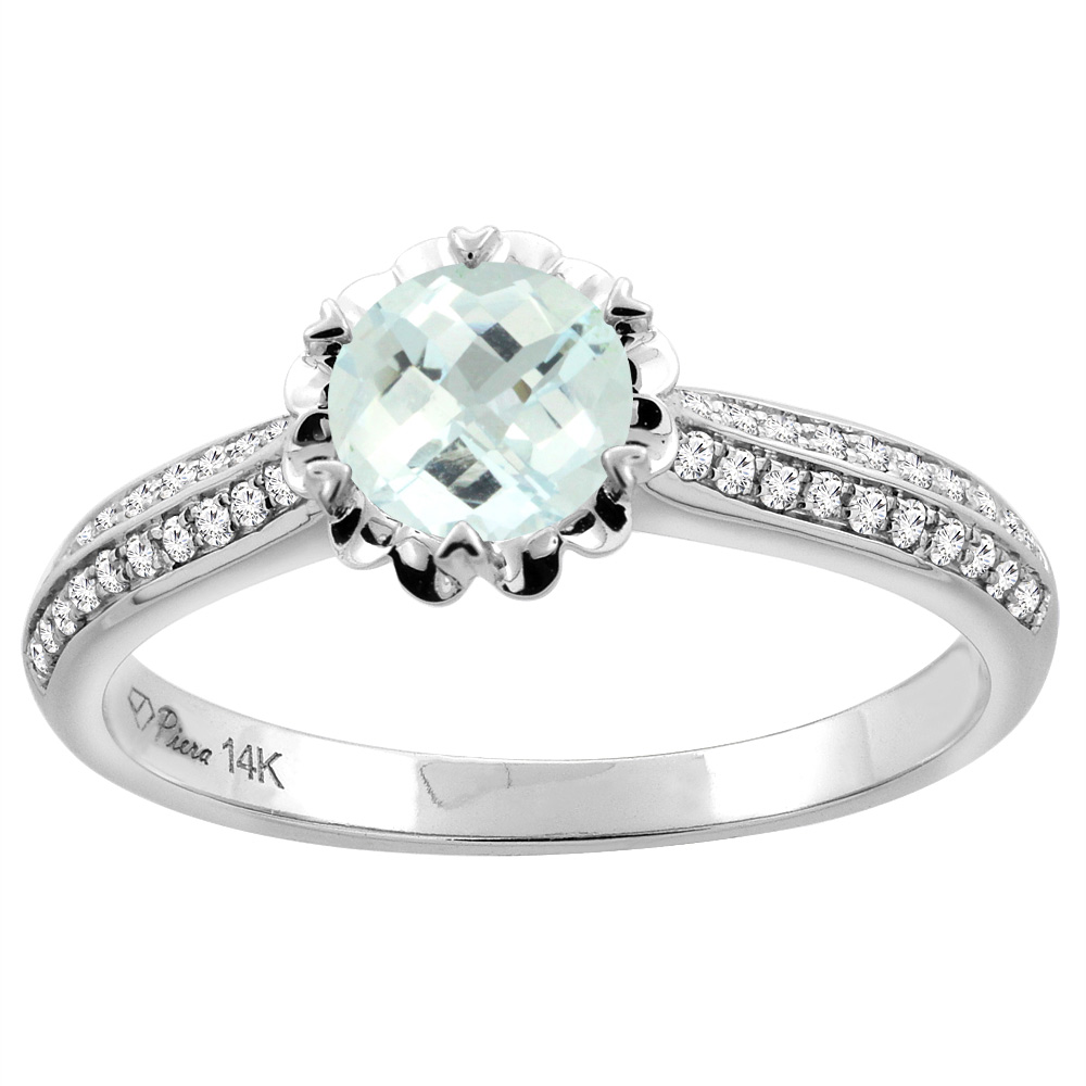 14K White Gold Natural Aquamarine Engagement Ring Round 6 mm & Diamond Accents, sizes 5 - 10