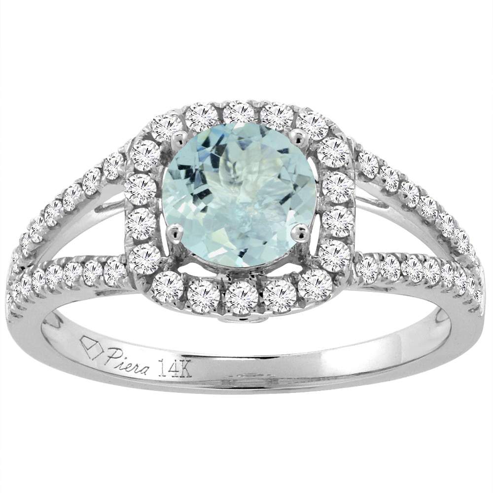 14K Yellow Gold Diamond Natural Aquamarine Engagement Halo Ring Round 7 mm, sizes 5-10