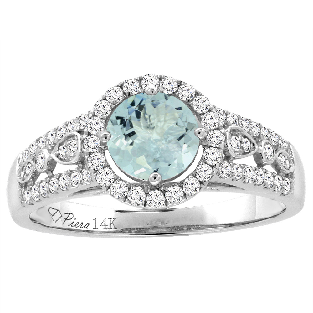 14K Yellow Gold Diamond Natural Aquamarine Engagement Halo Ring Round 7 mm, sizes 5-10