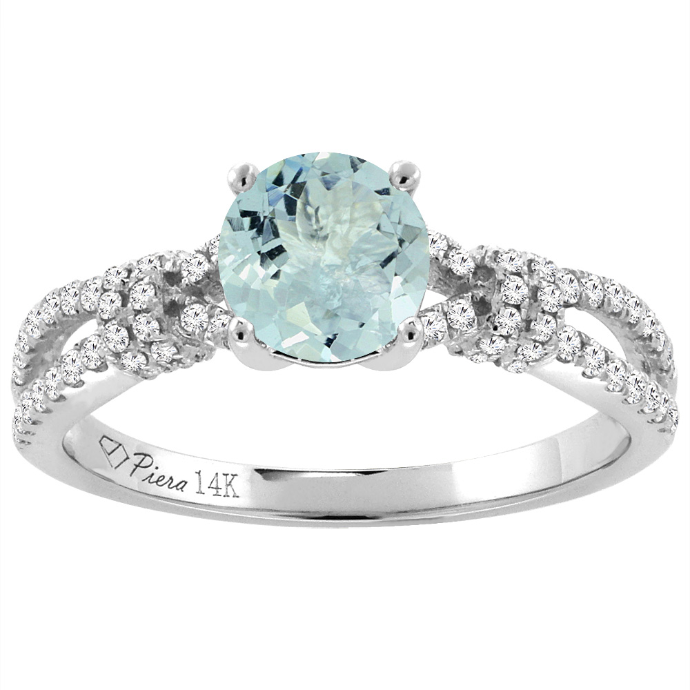 14K White Gold Diamond Natural Aquamarine Engagement Ring Round 7 mm, sizes 5-10