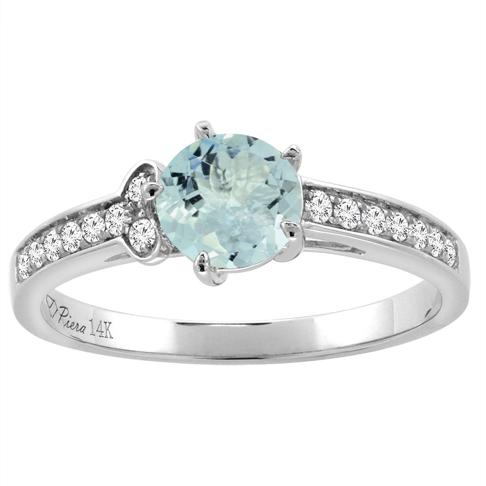 14K White Gold Diamond Natural Aquamarine Engagement Ring Round 7 mm, sizes 5-10