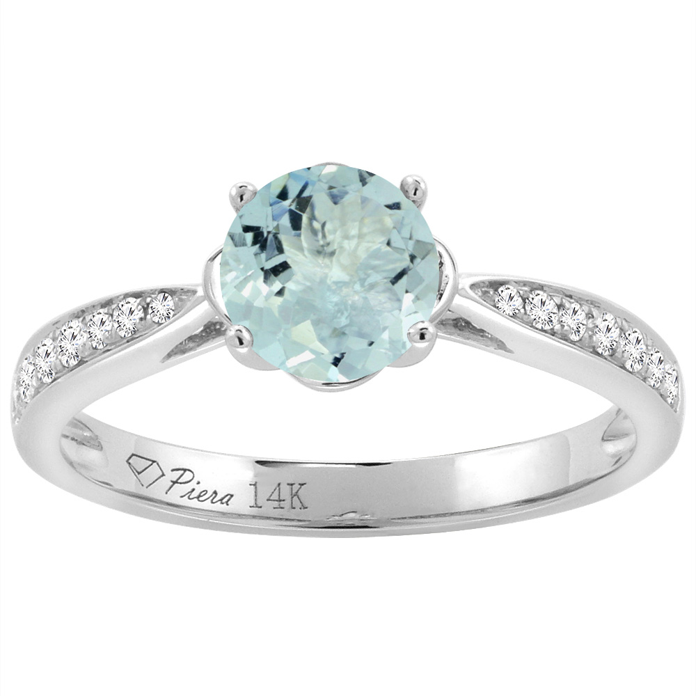 14K Yellow Gold Diamond Natural Aquamarine Engagement Ring Round 7 mm, sizes 5-10