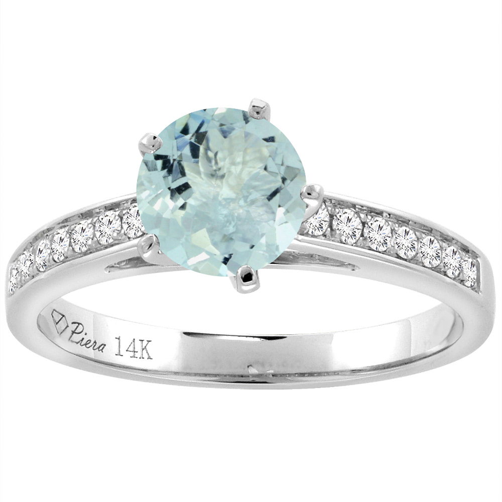 14K White Gold Diamond Natural Aquamarine Engagement Ring Round 7 mm, sizes 5-10