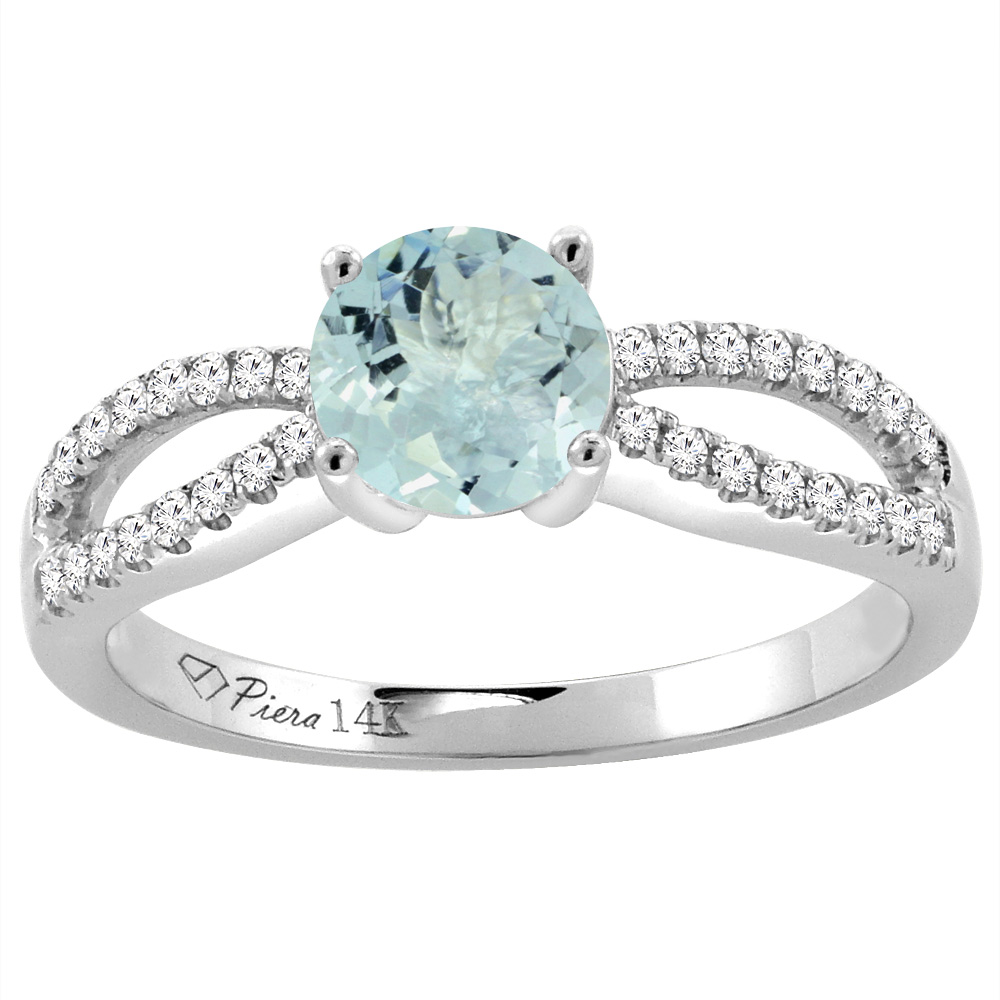 14K White Gold Diamond Natural Aquamarine Engagement Ring Round 7 mm, sizes 5-10