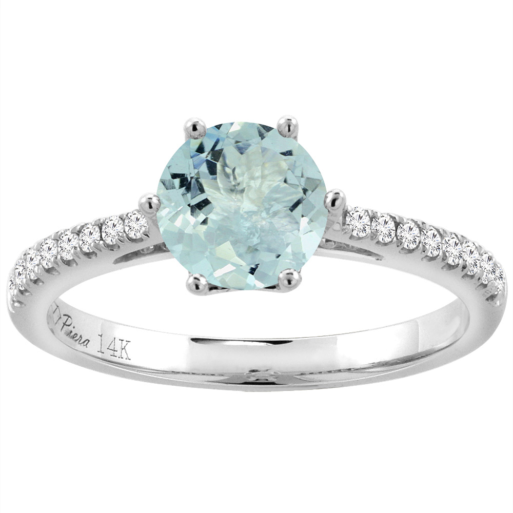 14K White Gold Diamond Natural Aquamarine Engagement Ring Round 7 mm, sizes 5-10