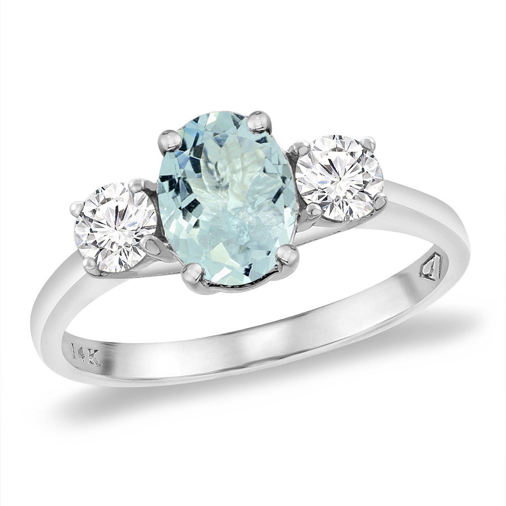 14K White Gold Natural Aquamarine & 2pc. Diamond Engagement Ring Oval 8x6 mm, sizes 5 -10