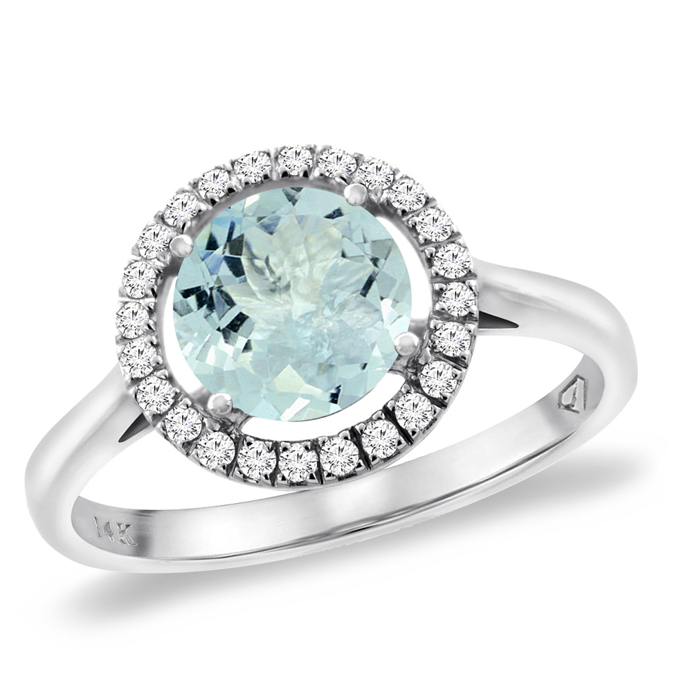 14K White Gold Natural Aquamarine Halo Engagement Ring Round 8 mm, sizes 5 -10