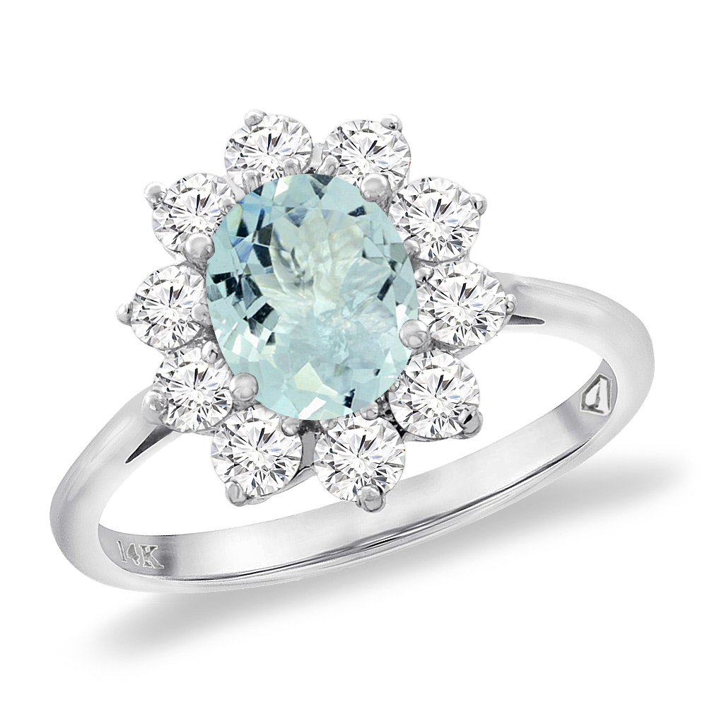 14K White Gold Diamond Natural Aquamarine Engagement Ring Oval 8x6 mm, sizes 5 -10