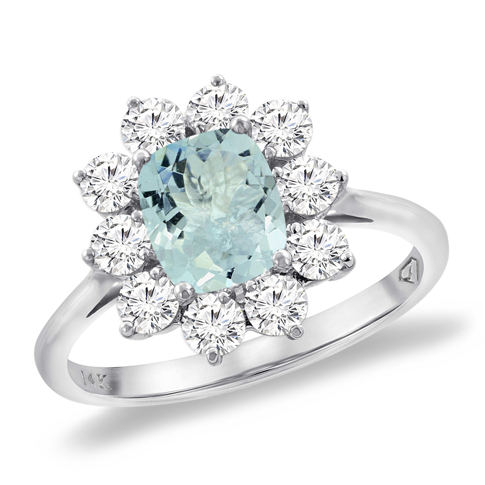 14K White Gold Diamond Natural Aquamarine Engagement Ring 8x6 mm Cushion, sizes 5 -10