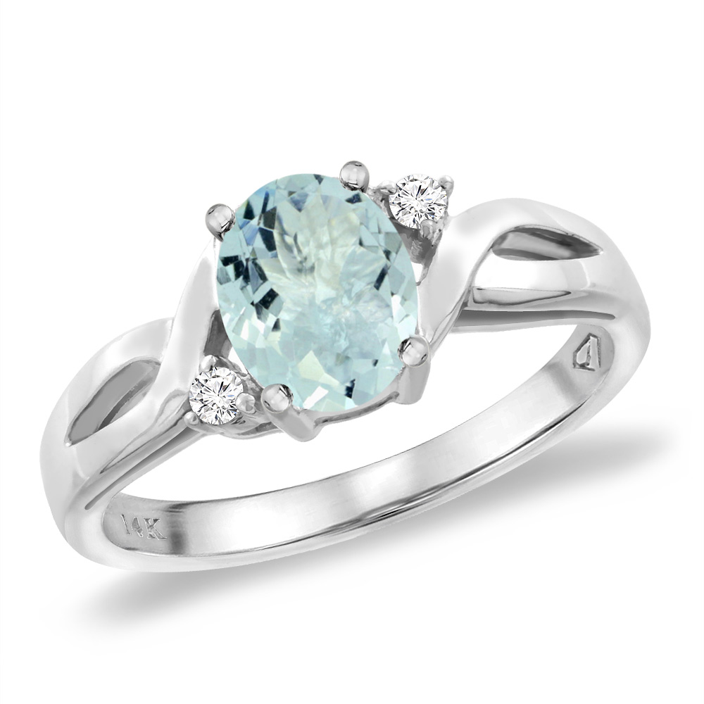 14K White Gold Diamond Natural Aquamarine Engagement Ring Oval 8x6 mm, sizes 5 -10