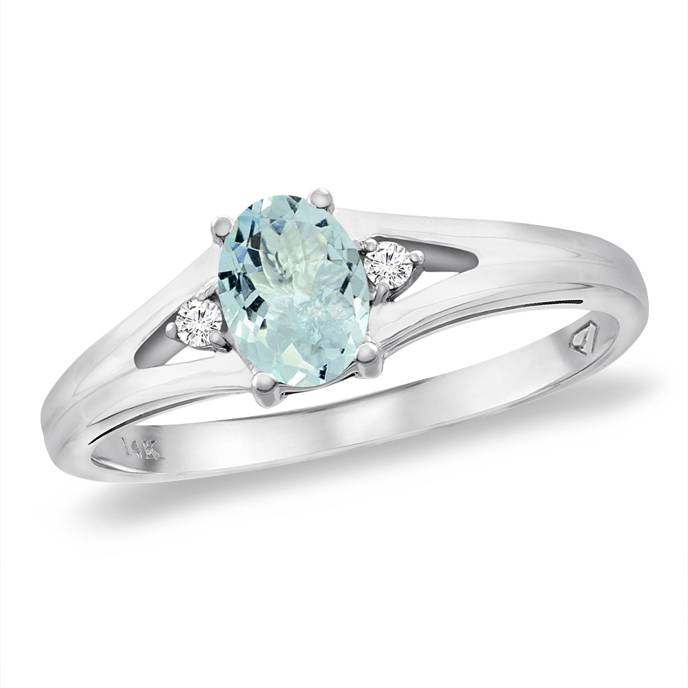 14K White Gold Diamond Natural Aquamarine Engagement Ring Oval 6x4 mm, sizes 5 -10