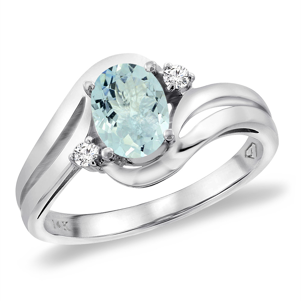 14K White Gold Diamond Natural Aquamarine Bypass Engagement Ring Oval 8x6 mm, sizes 5 -10