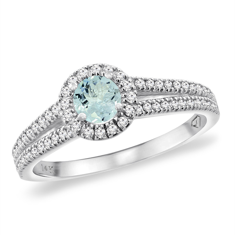 14K White Gold Natural Aquamarine Split Shank Diamond Halo Engagement Ring 4mm Round, sizes 5 -10