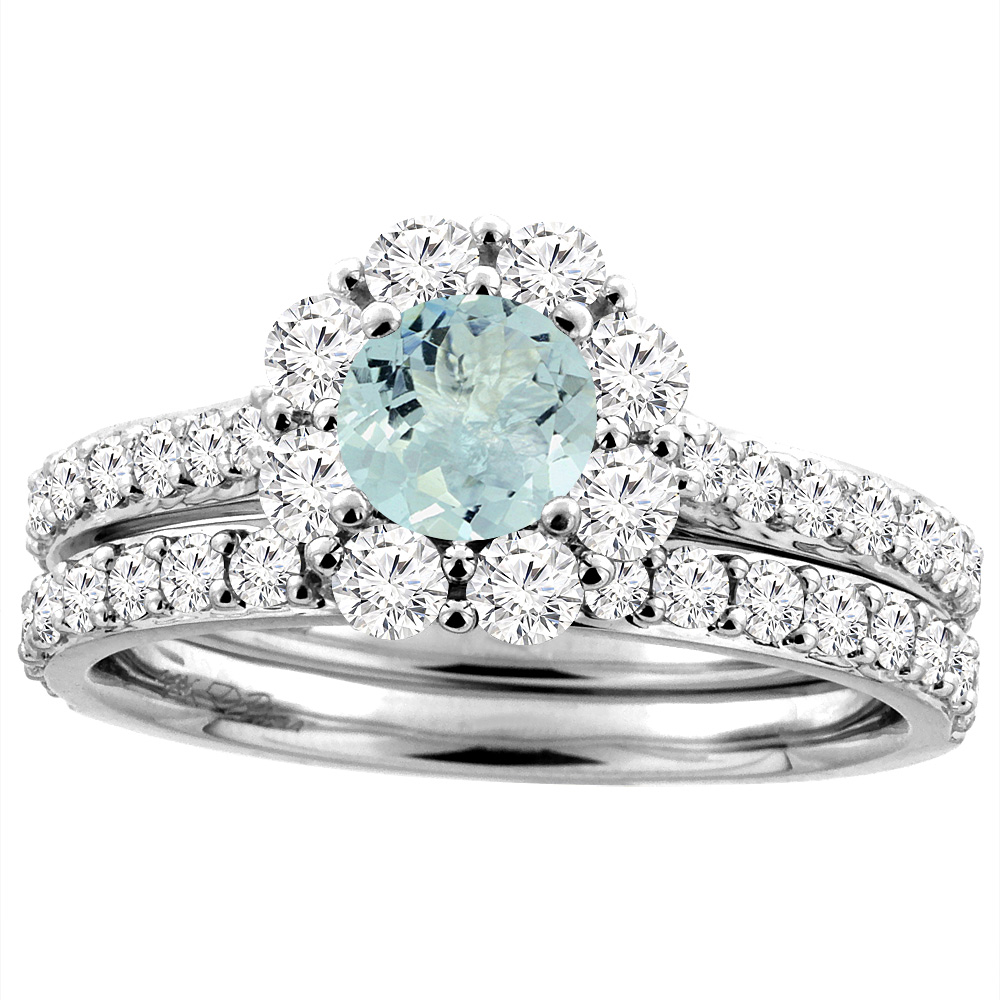 14K White Gold Diamond Natural Aquamarine Halo Engagement Ring Set Round 5 mm, sizes 5-10