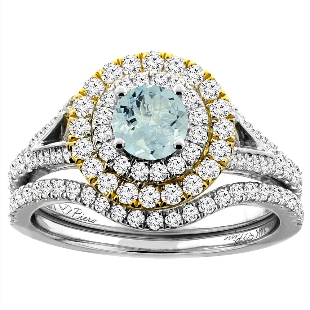 14K White Gold Diamond Natural Aquamarine Halo Engagement Bridal Ring Set Round 5 mm, sizes 5-10