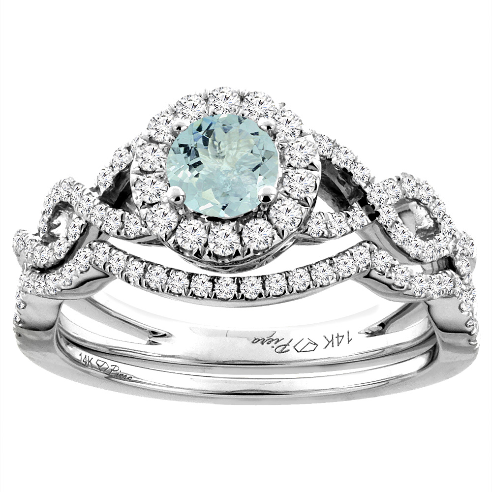 14K White Gold Diamond Natural Aquamarine Halo Engagement Bridal Ring Set Round 5 mm, sizes 5-10