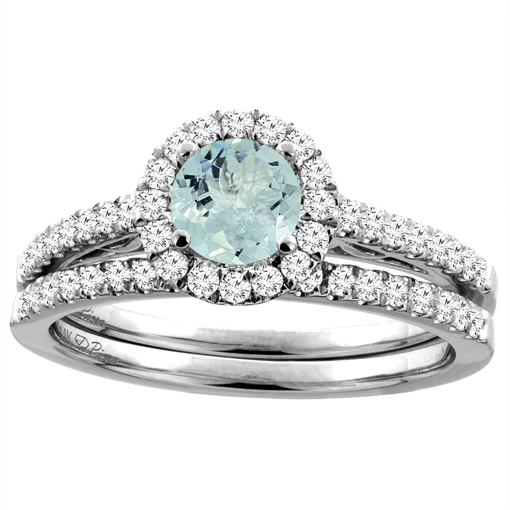 14K White Gold Diamond Natural Aquamarine Halo Engagement Bridal Ring Set Round 6 mm, sizes 5-10