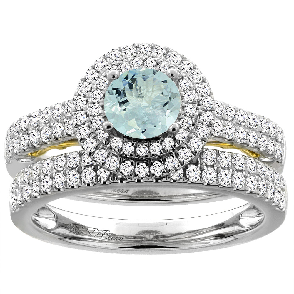 14K White Gold Diamond Natural Aquamarine Halo Engagement Ring Set Round 6 mm, sizes 5-10