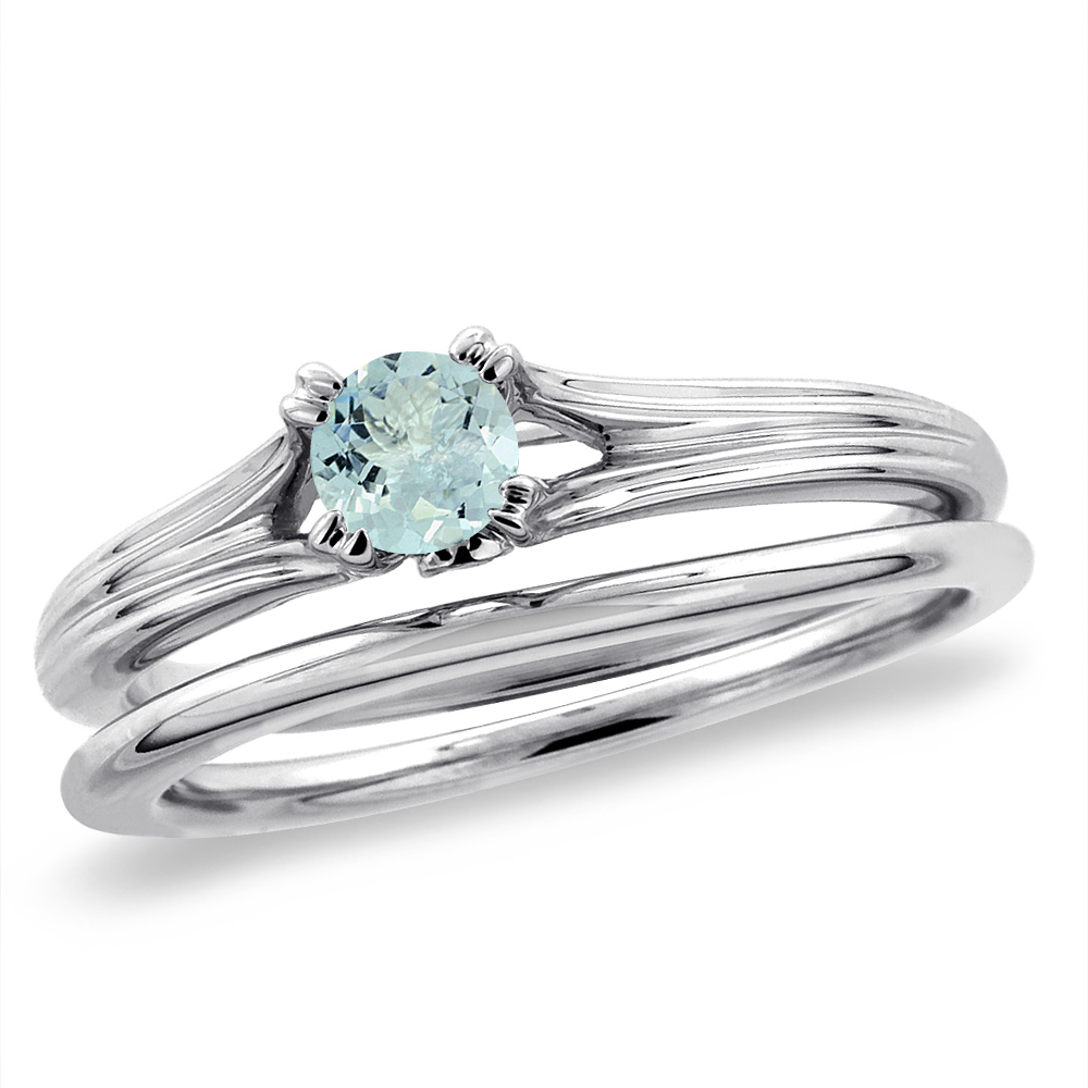 14K White Gold Diamond Natural Aquamarine 2pc Solitaire Engagement Ring Set Round 6 mm, sizes 5-10