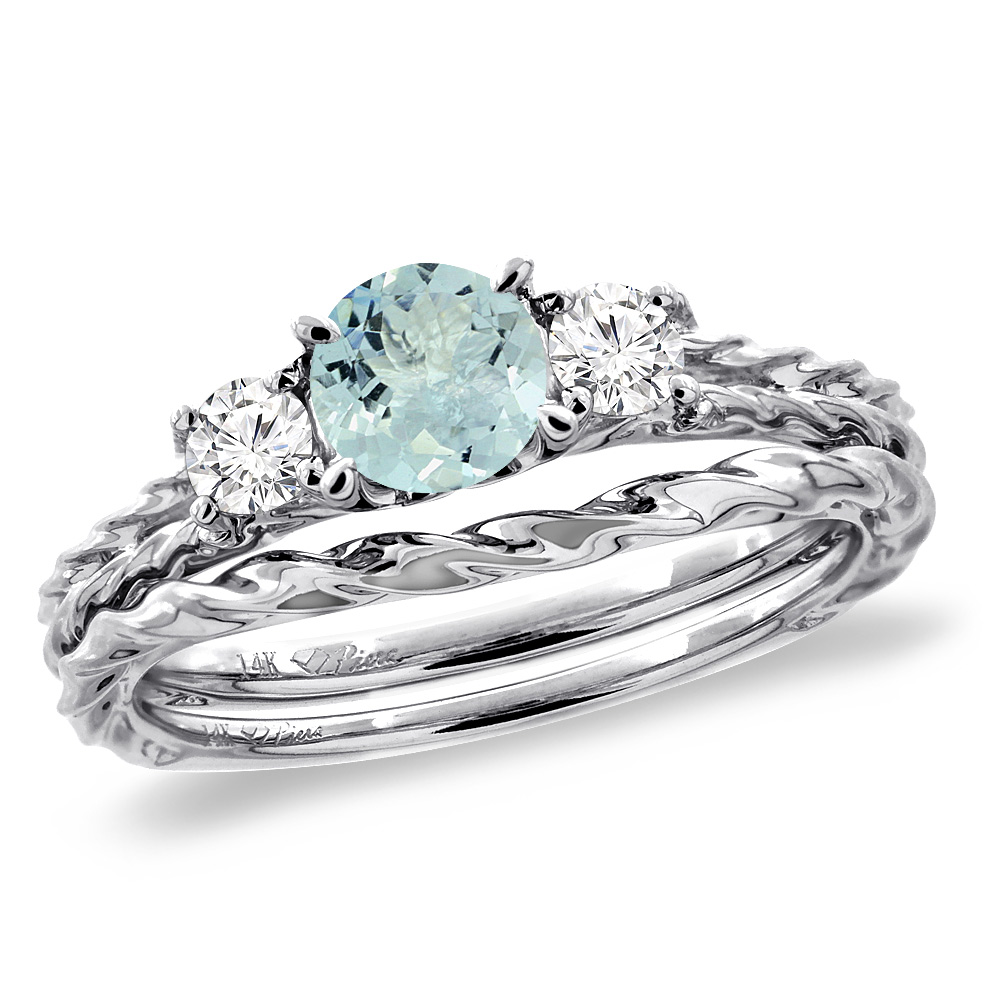 14K White Gold Diamond Natural Aquamarine 2pc Engagement Ring Set Round 6mm Twisted, sizes 5-10