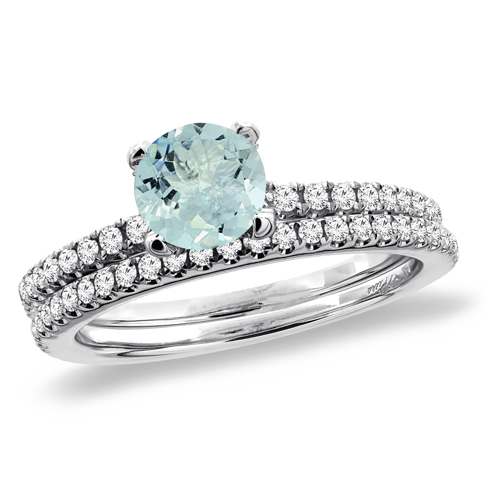 14K White Gold Diamond Natural Aquamarine 2pc Engagement Ring Set Round 5 mm, sizes 5-10