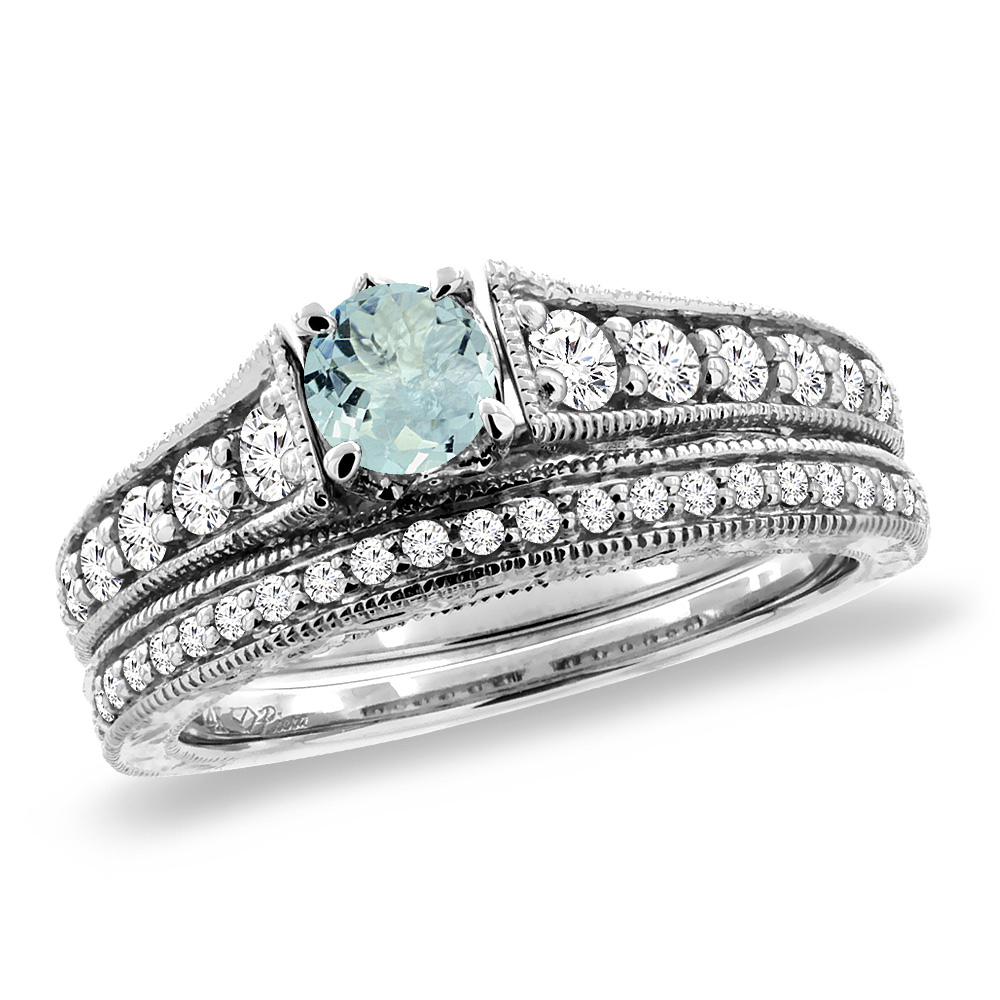 14K White Gold Diamond Natural Aquamarine 2pc Engagement Ring Set Round 5 mm, sizes 5-10