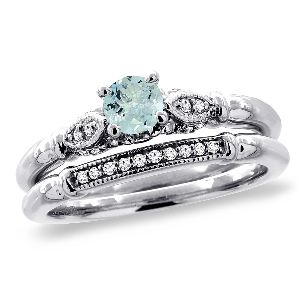 14K White Gold Diamond Natural Aquamarine 2pc Engagement Ring Set Round 4 mm, sizes 5 - 10