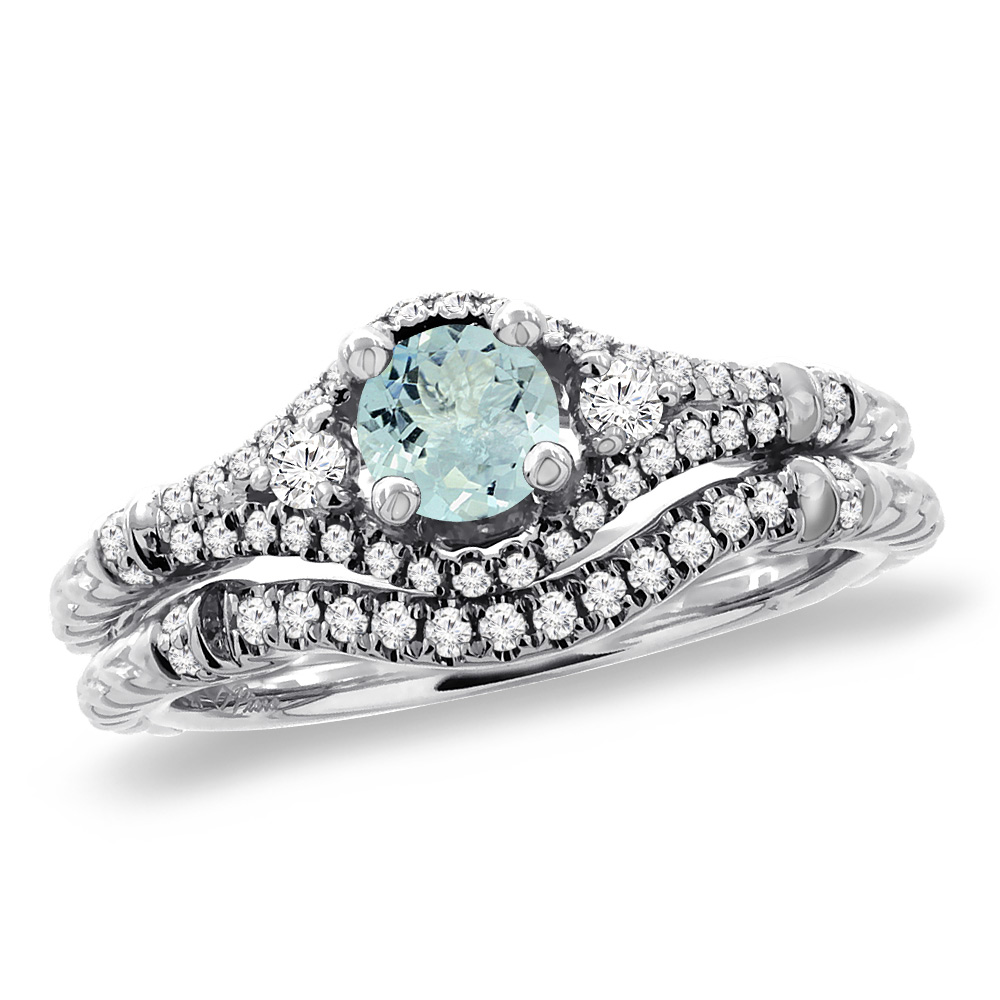 14K White Gold Diamond Natural Aquamarine 2pc Engagement Ring Set Round 4 mm, sizes 5 - 10